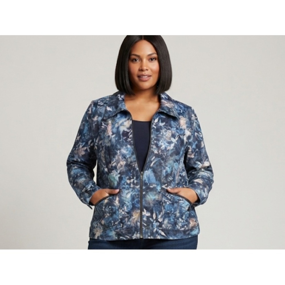 CJ Banks Women Blue Floral Full Zip Textured Lightweight Jacket Size‎ X